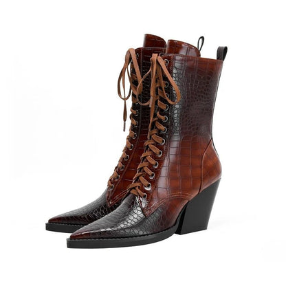 Virello Croc Embossed Block Heel Lace-Up Boots