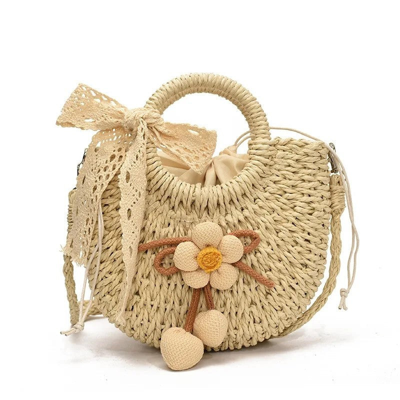 Woven Floral Accent Straw Shoulder Bag
