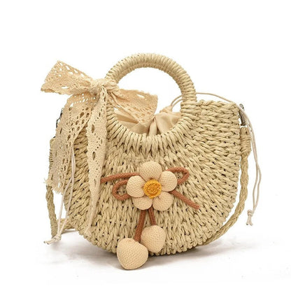 Woven Floral Detail Straw Shoulder Bag