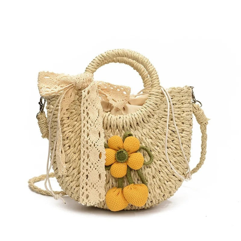 Woven Floral Detail Straw Shoulder Bag