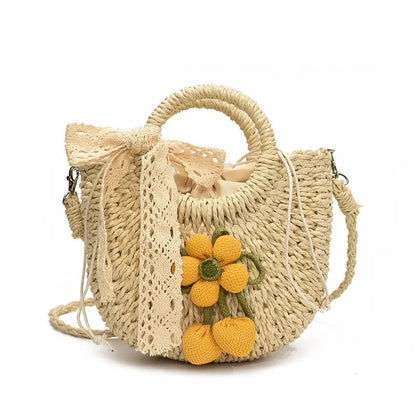 Woven Floral Detail Straw Shoulder Bag