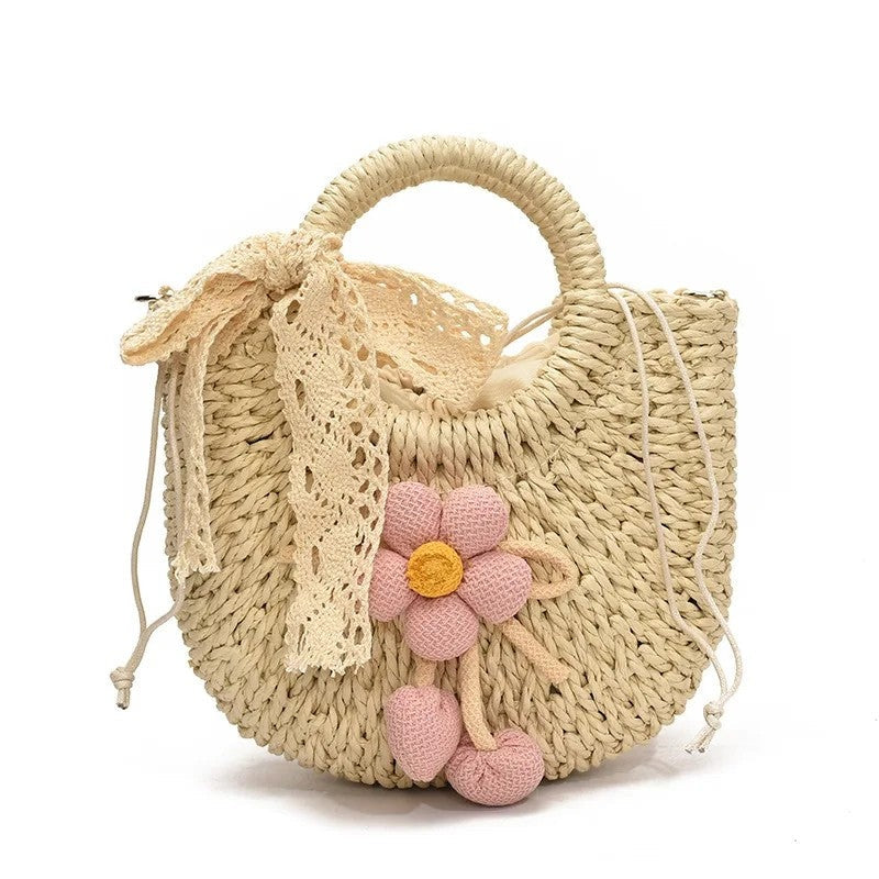 Woven Floral Detail Straw Shoulder Bag