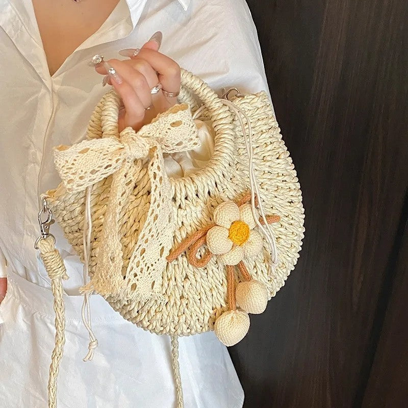 Woven Floral Detail Straw Shoulder Bag